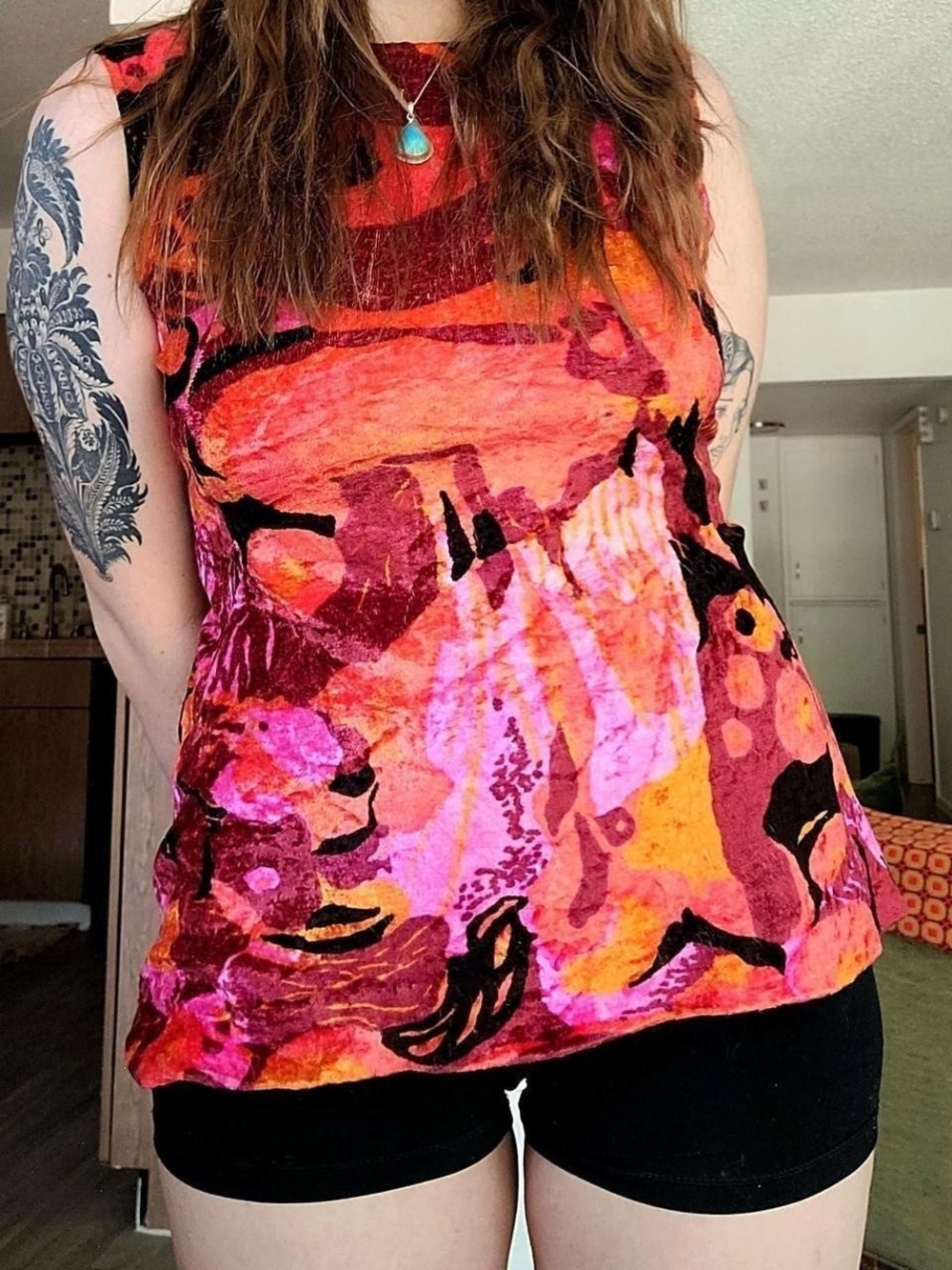 Vibrant Pink & Orange Velvet Mini Dress